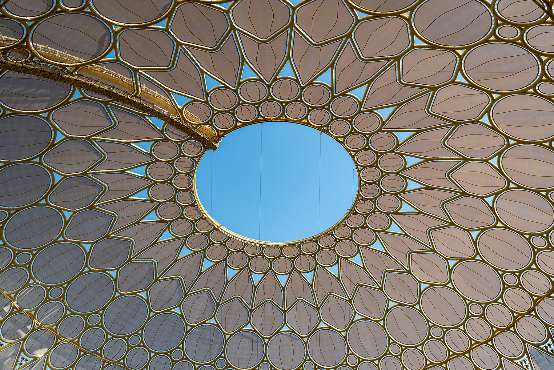 A abstract photo of the dome of Al Wasl Plaza at the Dubai World Expo