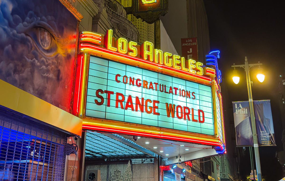 Photo of the Los Angeles Theatre sign that says Congratulations Strange World